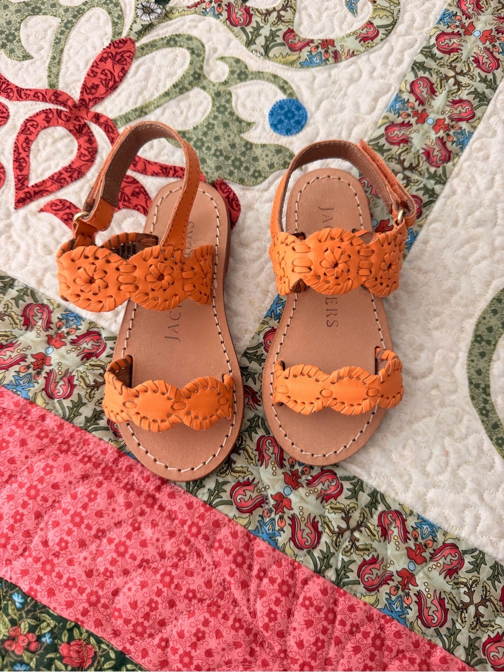 Jack Rogers Girls' Orange Woven Floral Leather Sandals